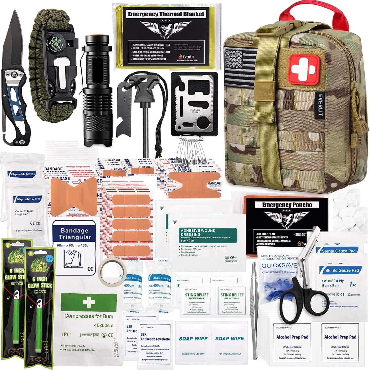 Camo Survival алғашқы көмек жинағында 250 дана алғашқы көмек жинағы бар